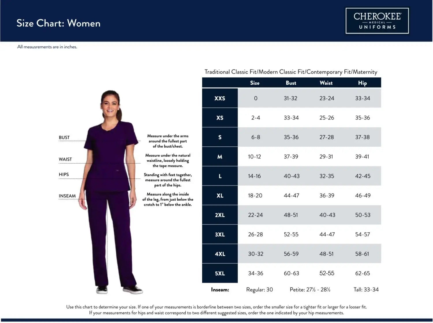 Cherokee Women's Size Chart